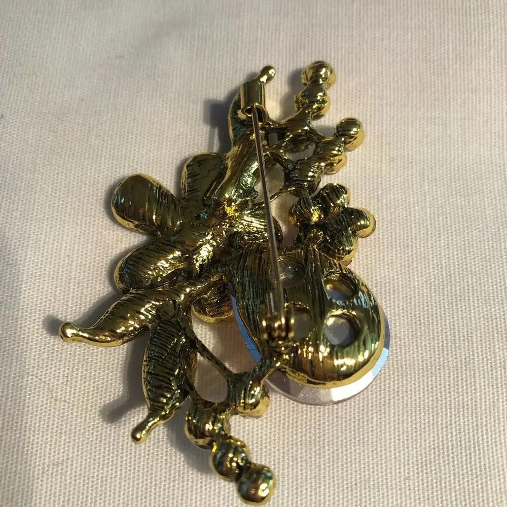 Vintage Style Retro Floral‎ Brooch Pin Peach Clear Rhinestones